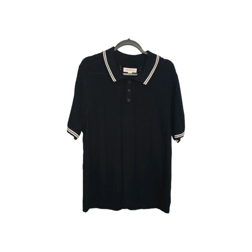 Aeropostale Mens XL Textured Knit Polo Shirt Black Stripe Trim Pointelle Preppy